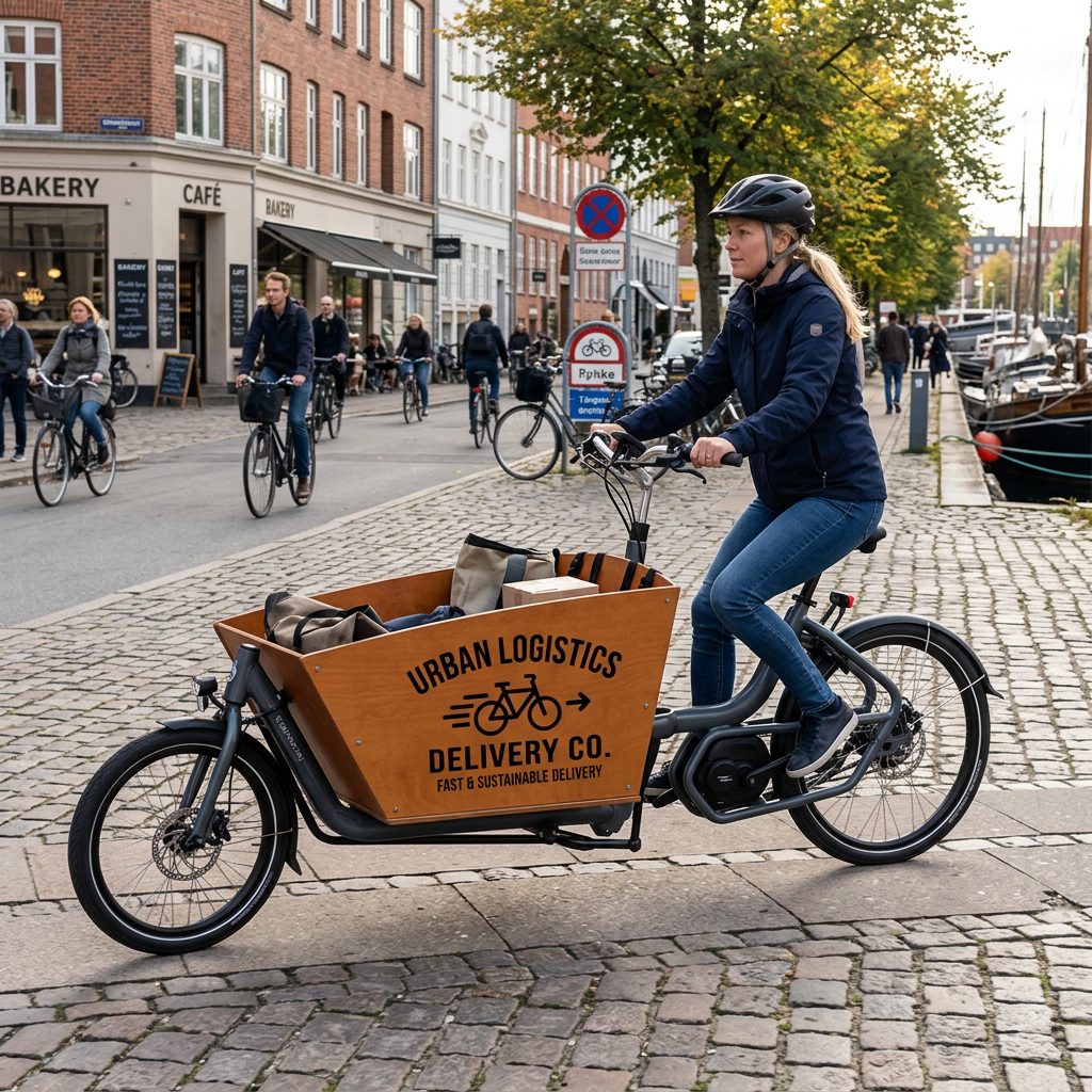 Textdekal med företagsnamn på lastcykel för budfirma