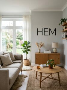 Vinyl textdekal med texten HEM på vägg i modernt vardagsrum